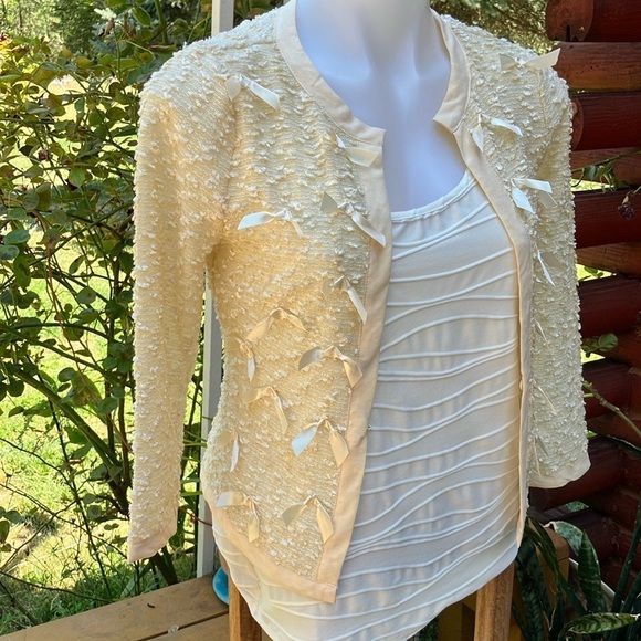 A'Reve Sweaters - A'Reve summer lightweight Lace Cardigan with Ribbon Accents small